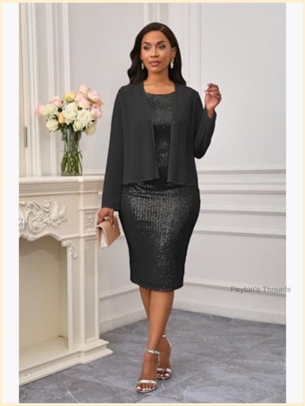 Two Piece Sequin Bodycon Midi Dress with Chiffon Jacket - Picture 2 of 7
